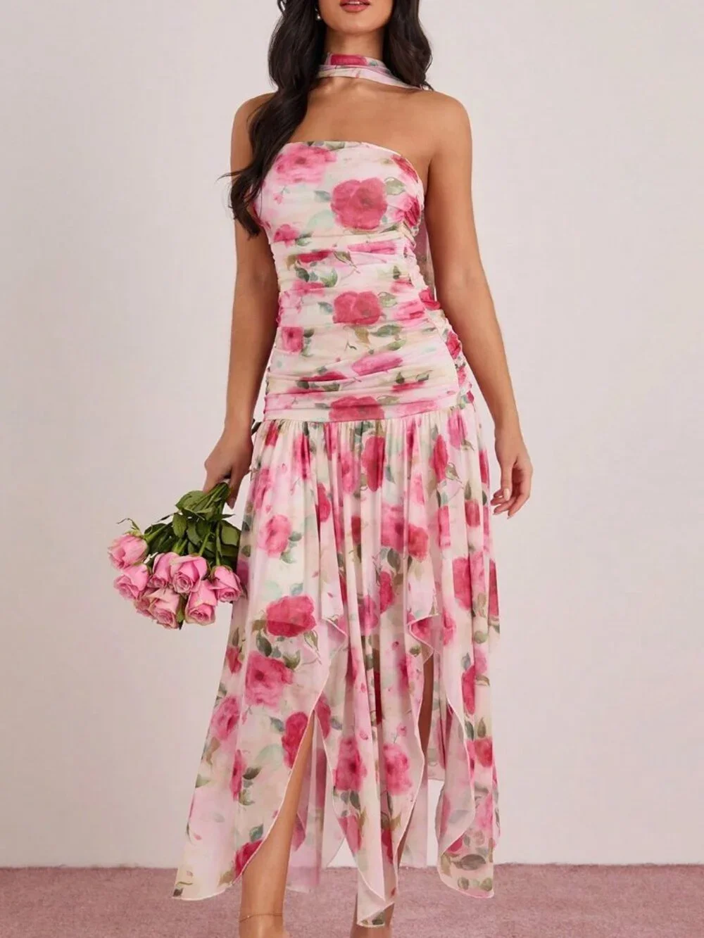 Multicolor Women's Romantic & Floral Print Ruched Fitted Maxi Tube Dress